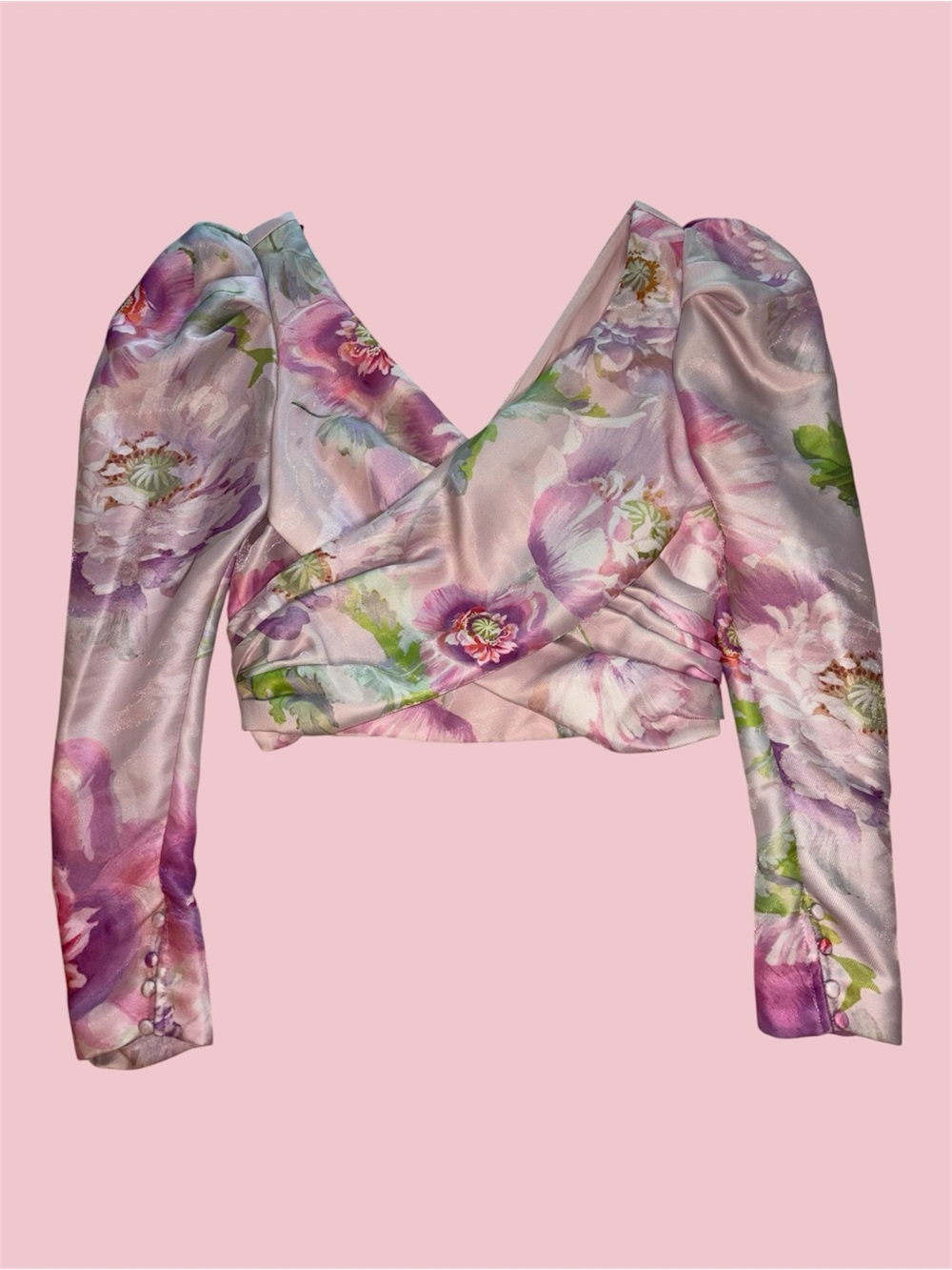 Flor Et.Al Porsepine Floral Pink Cropped‎ Puff Sleeve Blouse